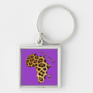Wildlife Karta i AFRIKA Keychain Fyrkantig Silverfärgad Nyckelring