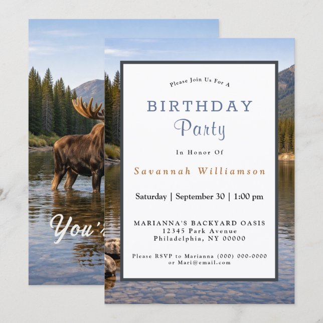 Wildlife Moose Mountain River Birthday Inbjudningar (Fram/baksida)