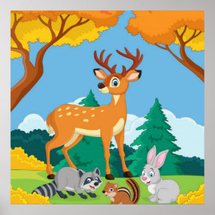 Wildlife Raccoon Chipmunk Rabbit Hjort Fall Landsc Poster