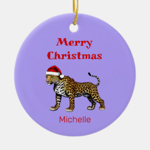 Wildlife Safari Animal Leopard Santa Hat jul Julgransprydnad Keramik
