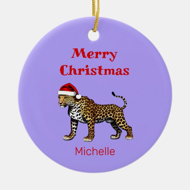 Wildlife Safari Animal Leopard Santa Hat jul Julgransprydnad Keramik (Framsidan)