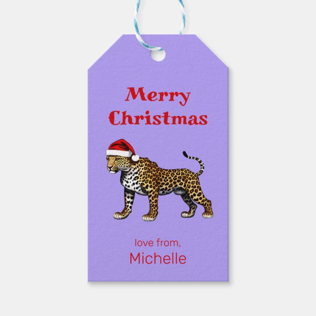 Wildlife Safari Animal Leopard Santa Hat jul Presentetikett (Framsidan)