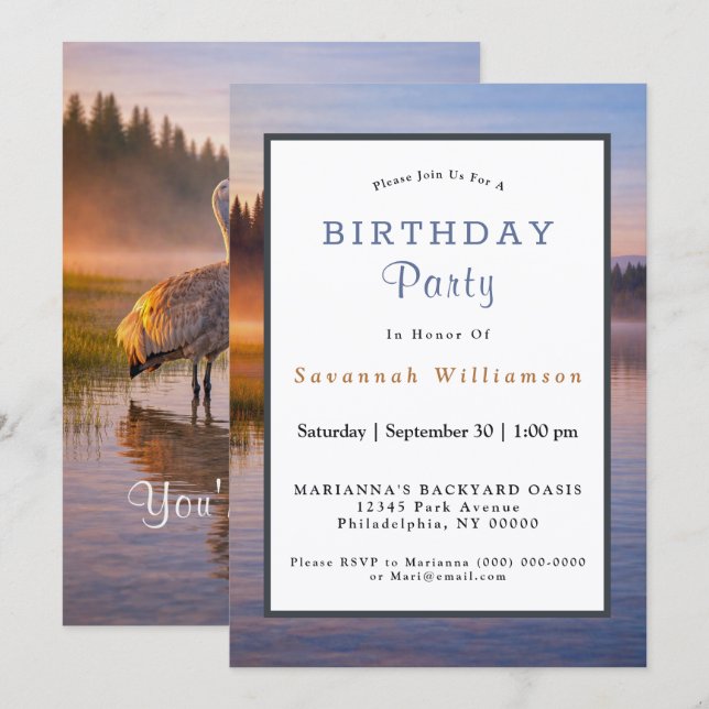 Wildlife Sandhill Crane Serene Landscape Birthday Inbjudningar (Fram/baksida)