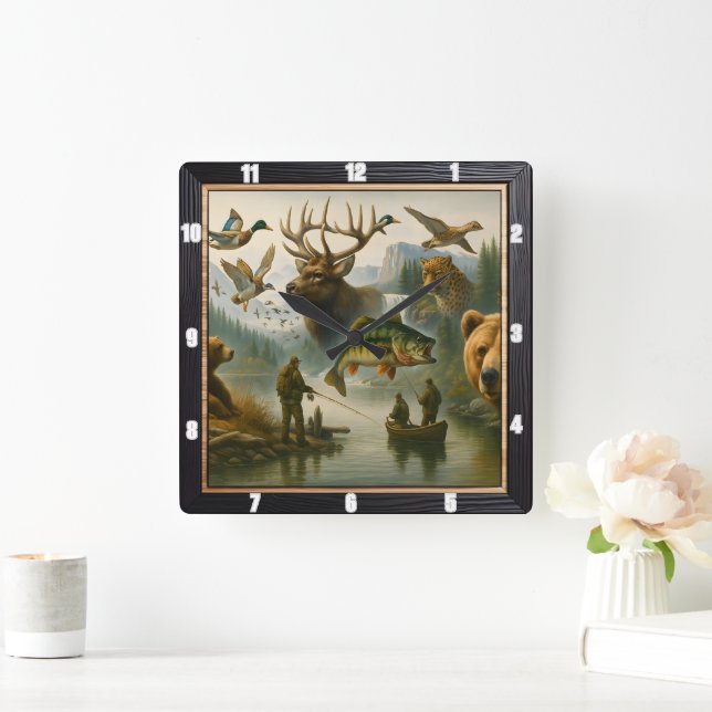Wildlife Scene Grand Outdoor Sportsman's Scene Fyrkantig Klocka (Hem)