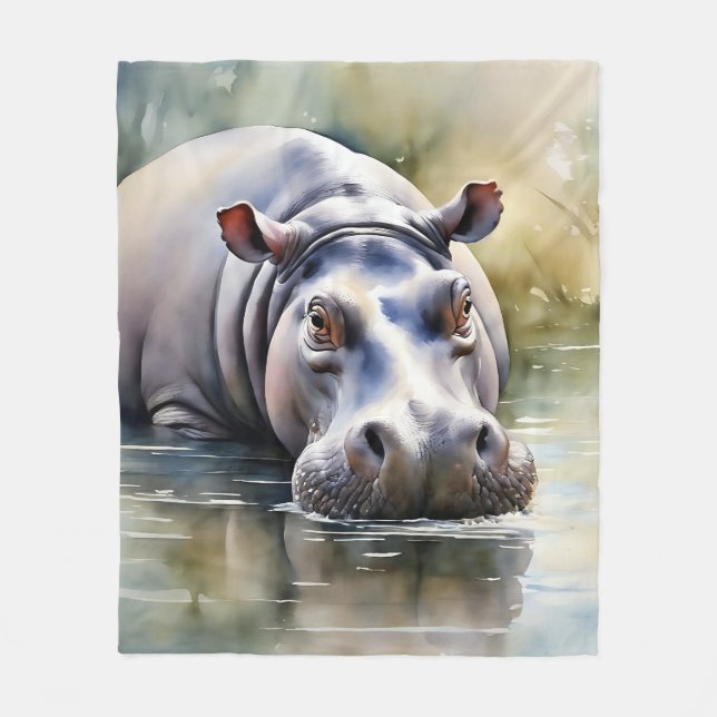 Wildlife Serenity Watercolor Hippo Fleecefilt (Framsidan)