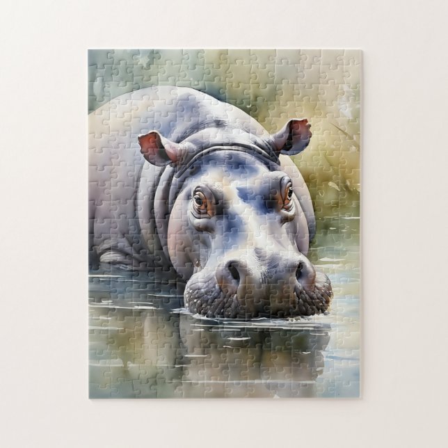 Wildlife Serenity Watercolor Hippo Pussel (Vertikal)
