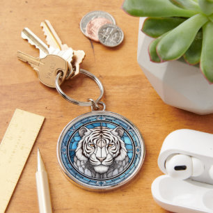 Wildlife White Tiger Stached Glass Rund Silverfärgad Nyckelring