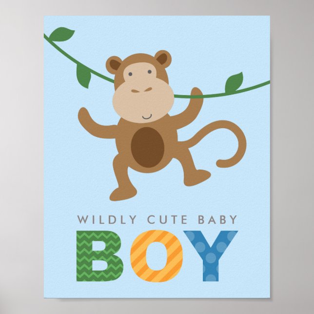 Wilely Cute Blue Monkey Pojke Nursery Poster (Framsidan)