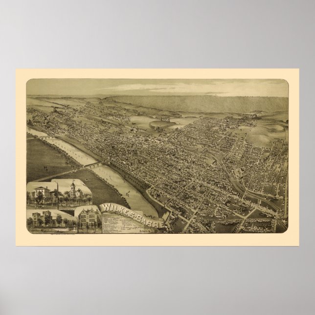 Wilkes-Barre, PA Panoramic Karta - 1889 Poster (Framsidan)