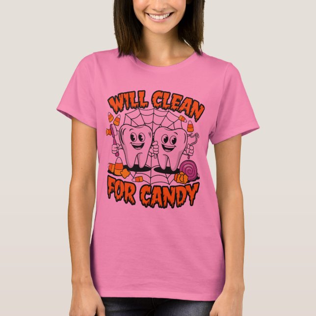 Will Clean for Candy - Humous Städning Thees T Shirt (Framsida)