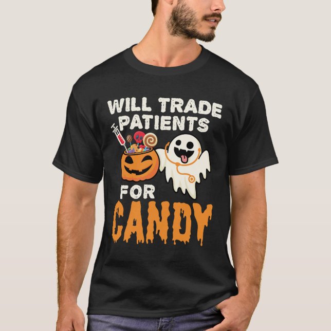 Will Trade Patienter för Candy Halloween Nurse T Shirt (Framsida)