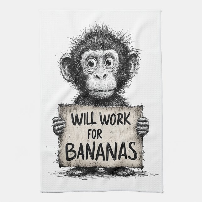 Will Work for Bananas - Humorous Monkey Sketch Kökshandduk (Vertikal)