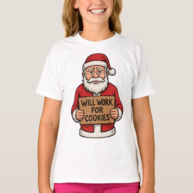 Will Work for Cookies – Cute Funny Santa Christmas T Shirt (Framsida)