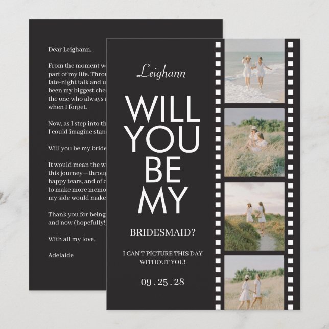 Will You Be My Bridesmaid Photo Black Reel Inbjudningar (Fram/baksida)