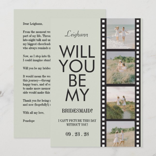 Will You Be My Bridesmaid Photo Green Reel Inbjudningar (Fram/baksida)