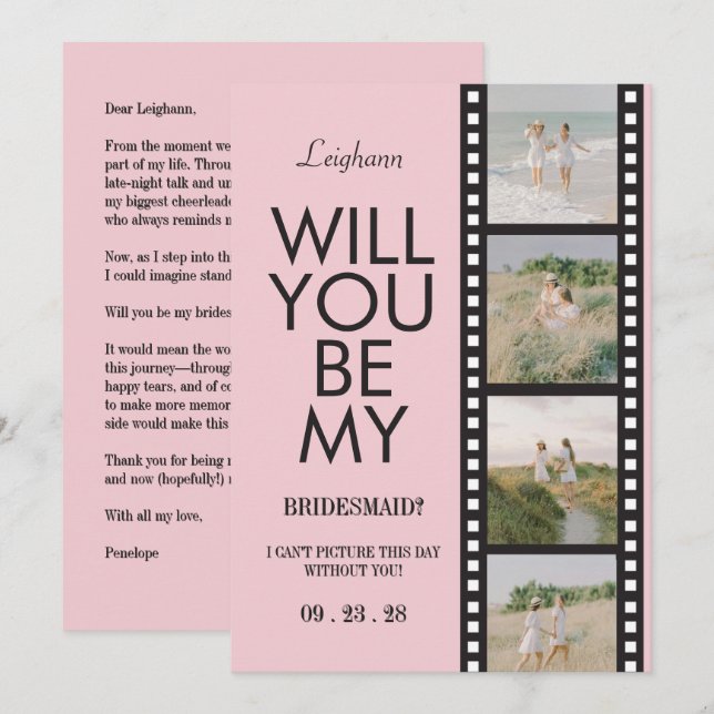 Will You Be My Bridesmaid Photo Pink Reel Inbjudningar (Fram/baksida)