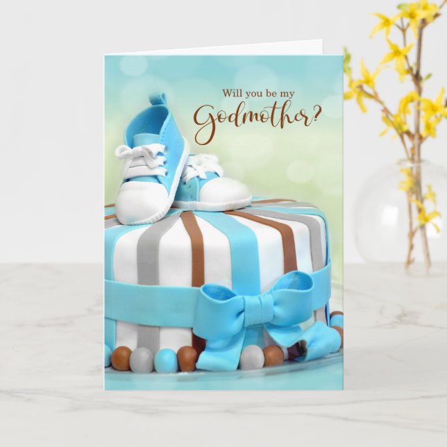 Will you be my Godmother Blue and Brown Cake Kort (Gul blomma)