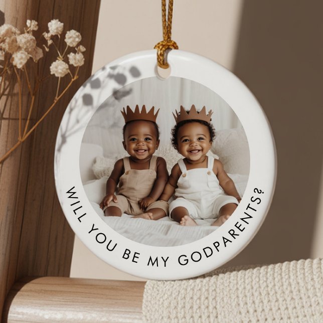 Will You Be My Godparents Photo Proposal Boy Twins Julgransprydnad Keramik (Zazzle Will You Be My Godparents Photo Proposal Boy Twins Ceramic Ornament (Front))
