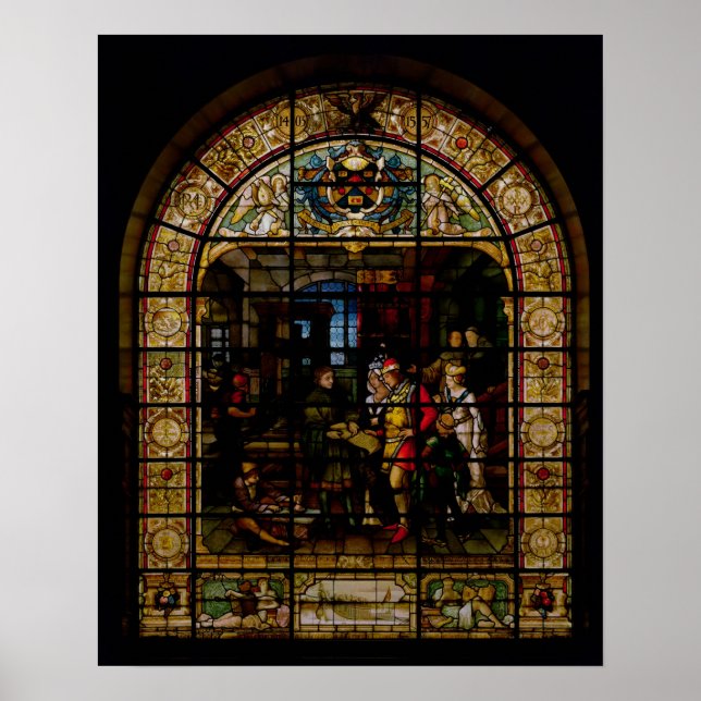 William Caxton Visar sin första tryckta Bok Poster (Framsidan)