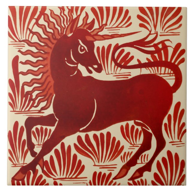 William De Morgan Repro Red Unicorn Kakelplatta (Framsidan)