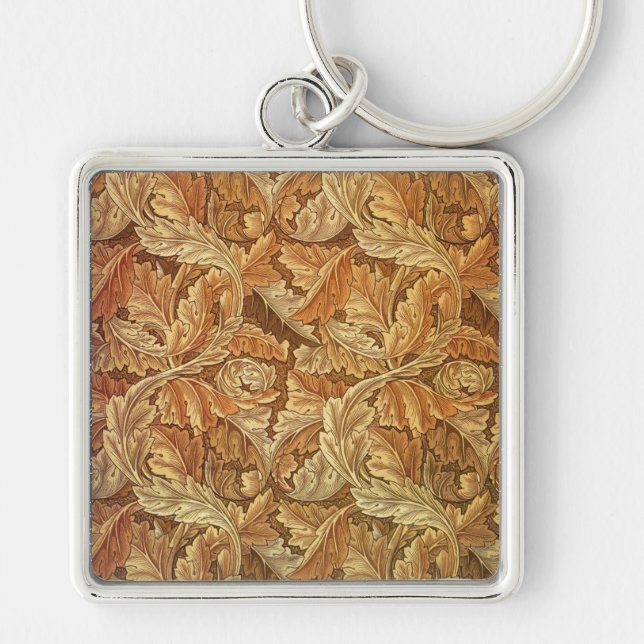 William Morris Acanthus Brun Höstlöv Fyrkantig Silverfärgad Nyckelring (Framsidan)