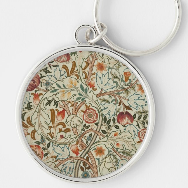 William Morris Acanthus Embroidery Blommönster Rund Silverfärgad Nyckelring (Framsidan)