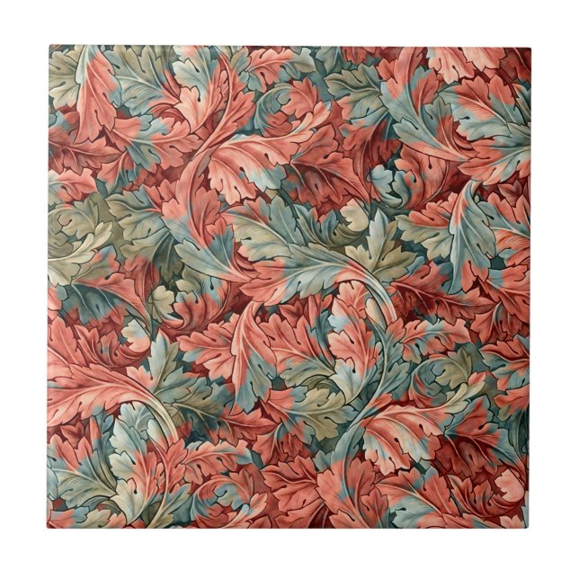 William Morris Acanthus Rost Röd Salvia Grön Kakelplatta (Framsidan)