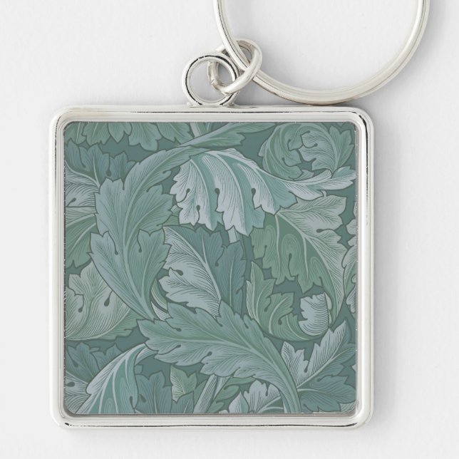 William Morris Akantusblad Tealblått Mönster Fyrkantig Silverfärgad Nyckelring (Framsidan)