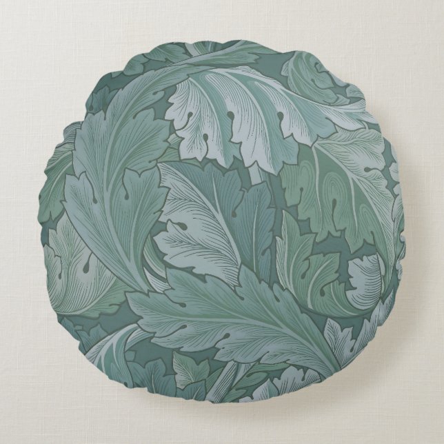 William Morris Akantusblad Tealblått Mönster Rund Kudde (Framsidan)