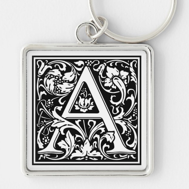 William Morris Alphabet ’A’ Fyrkantig Silverfärgad Nyckelring (Framsidan)