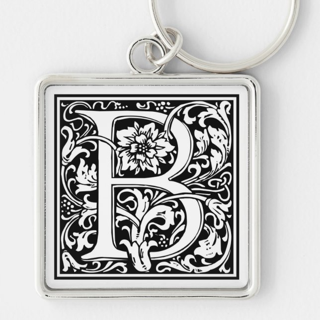 William Morris Alphabet "B" Fyrkantig Silverfärgad Nyckelring (Framsidan)