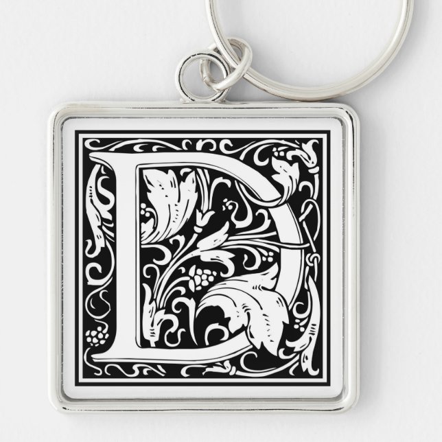 William Morris Alphabet ’D’ Fyrkantig Silverfärgad Nyckelring (Framsidan)