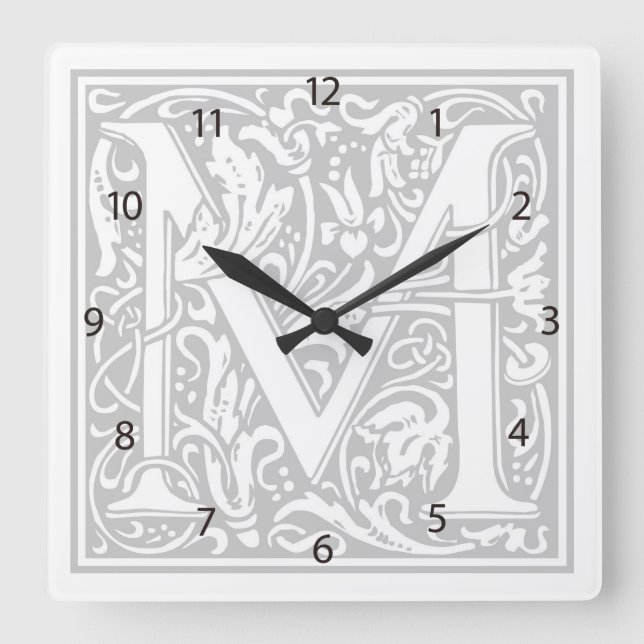 William Morris Alphabet "M" Square Wall Clock Fyrkantig Klocka (Framsida)