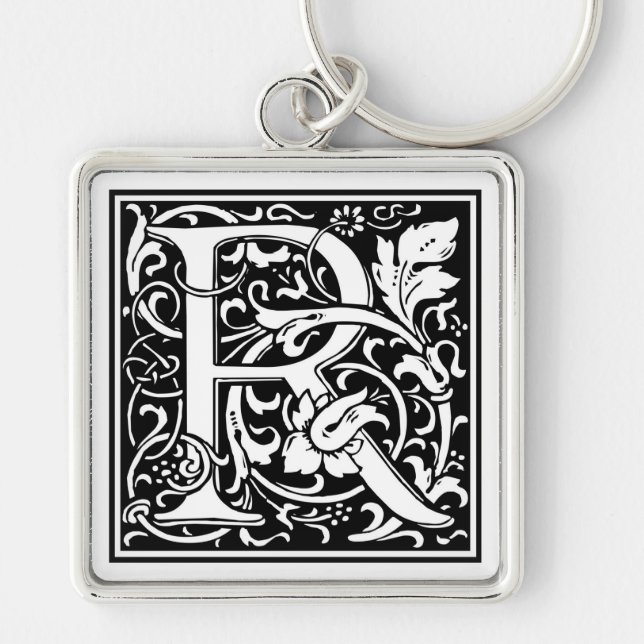 William Morris Alphabet ’R’ Fyrkantig Silverfärgad Nyckelring (Framsidan)