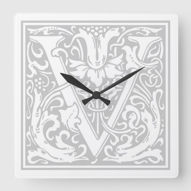 William Morris Alphabet "V" Square Wall Clock Fyrkantig Klocka (Framsida)