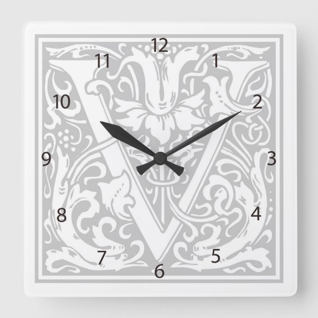 William Morris Alphabet "V" Square Wall Clock Fyrkantig Klocka (Framsida)