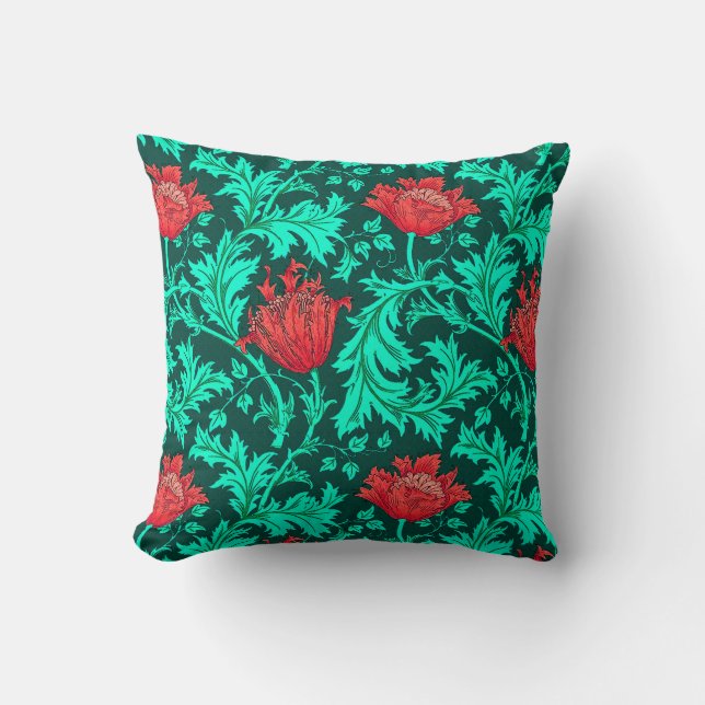 William Morris anemon, djupt - rött och turkos Kudde (Framsida)