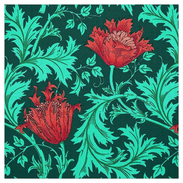 William Morris anemon, djupt - rött och turkos Tyg (Provkarta)