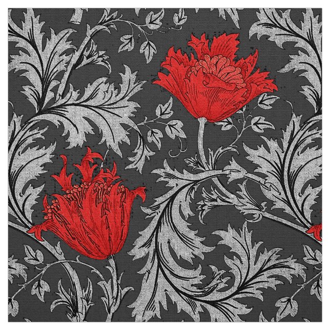 William Morris anemon, grått/grå färg och rött Tyg (Provkarta)