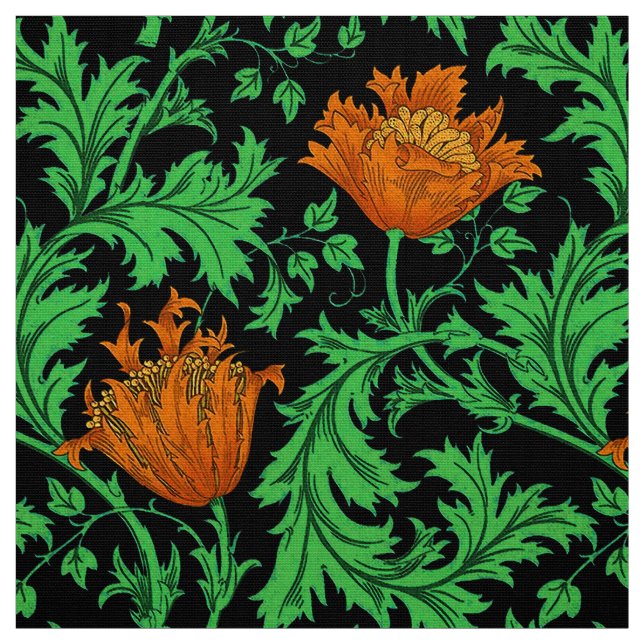 William Morris anemon, orange, grönt och svart Tyg (Provkarta)