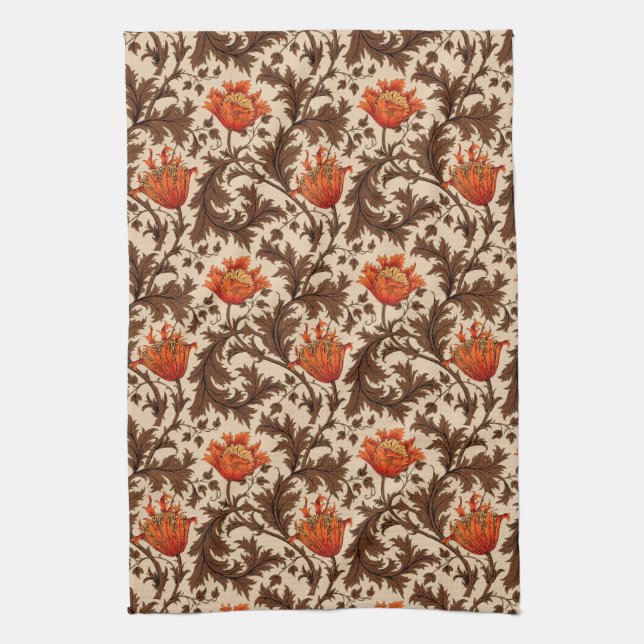 William Morris Anemone, Beige, Brown & Rust Orange Kökshandduk (Vertikal)