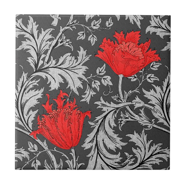 William Morris Anemone, Grått / Grått och Red Kakelplatta (Framsidan)