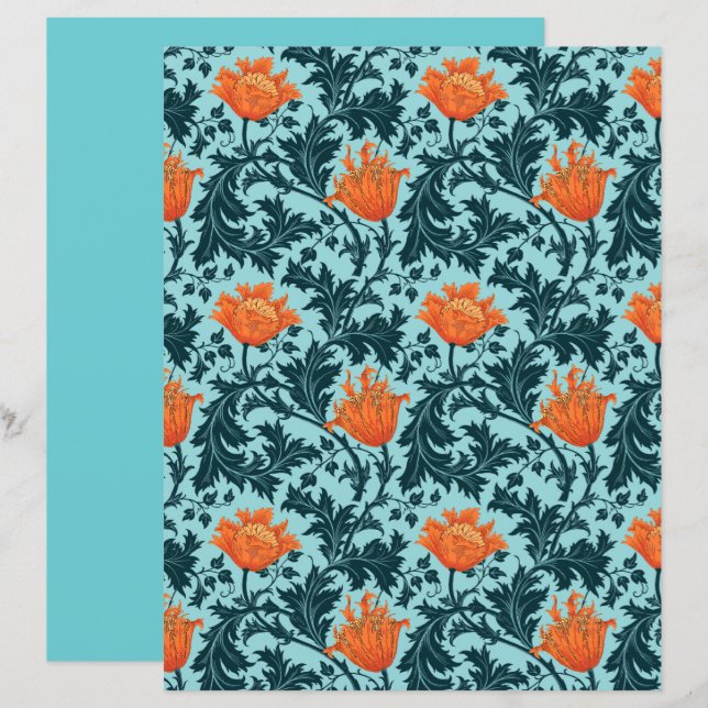 William Morris Anemone, Indigo Blå och Korall   (Fram/baksida)