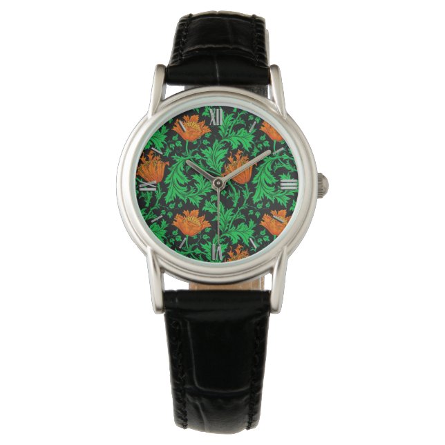 William Morris Anemone, Orange, Grön och Svart Armbandsur (Framsida)