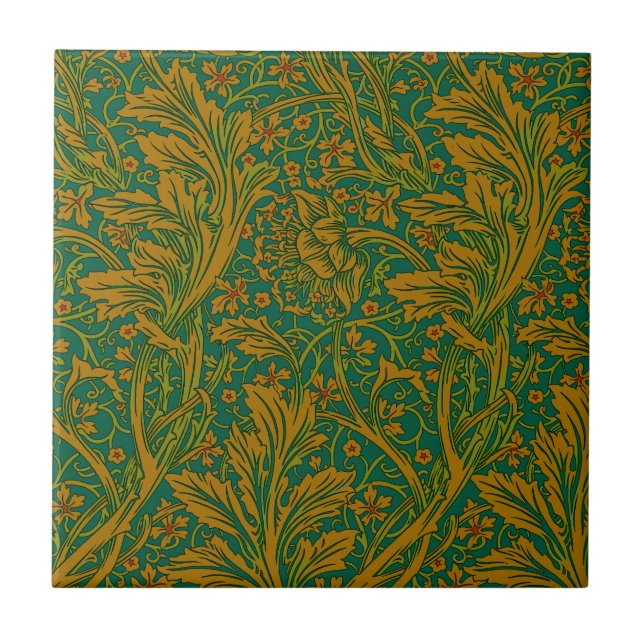 William Morris Arcadia Blommigt Mönster Grönt Guld Kakelplatta (Framsidan)