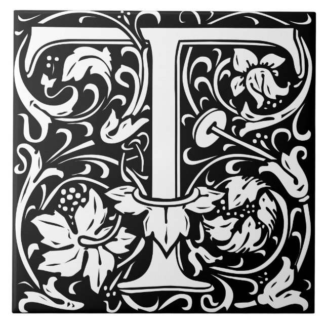 William Morris Art nouveau Initial Vines Brev T Kakelplatta (Framsidan)