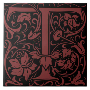 William Morris Art nouveau Initial Vines Brev T Kakelplatta