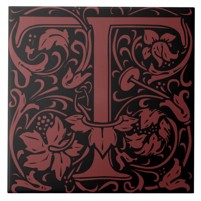 William Morris Art nouveau Initial Vines Brev T Kakelplatta (Framsidan)