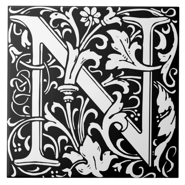 William Morris Art nouveau Monogrammed Brev N Kakelplatta (Framsidan)