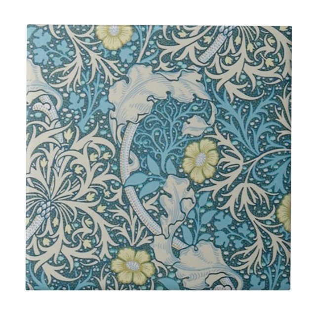 William Morris,art nouveau mönster, sjögräs, blått Kakelplatta (Framsidan)